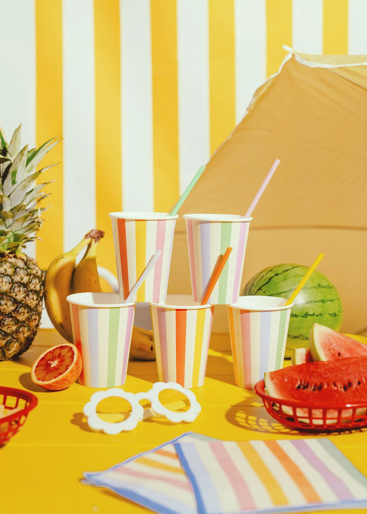 Striped Paper Cups - Colourful Summer Party Decor - 400ml Rainbow Drinks Cups - Garden BBQ Supplies - Tropical Birthday Decor - Pack Of 6 - Jolie Fete UK