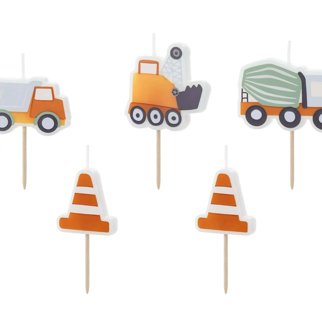 Construction Party Candles - Birthday Cake Candles - Dump Truck, Digger, Cement Mixer & Traffic Cone Candles - Kids Birthday Party Supplies - Jolie Fete UK