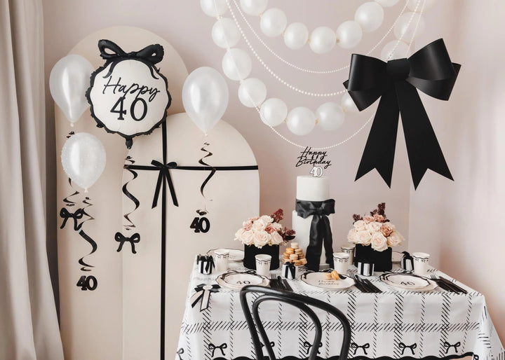 Black Bow Tablecloth - Cream & Black Disposable Table Cover - 180cm x 120cm - Elegant Coquette Style - Monochrome Birthday Party Decor - Jolie Fete UK