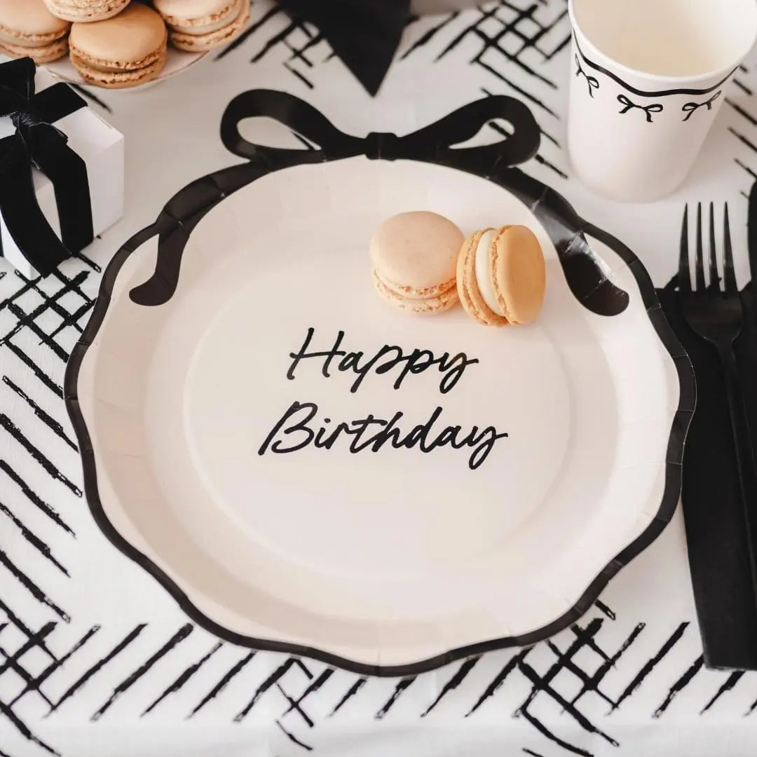 Cream & Black Bow Paper Plates - Coquette Happy Birthday Tableware - Disposable Plates for Monochrome Wedding, Hen Party Or Brunch-Pack Of 6 - Jolie Fete UK