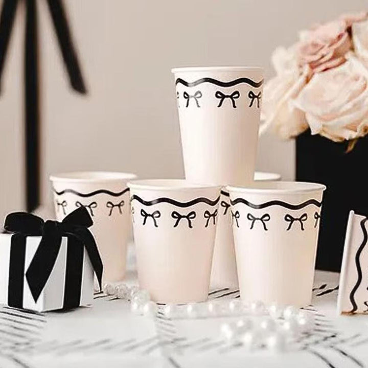 Cream & Black Bow Paper Cups - Elegant Coquette Birthday Tableware - Disposable Cups for Monochrome Wedding, Hen Party Or Brunch - Pack Of 6 - Jolie Fete UK
