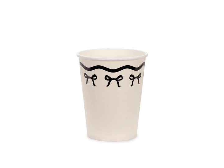 Cream & Black Bow Paper Cups - Elegant Coquette Birthday Tableware - Disposable Cups for Monochrome Wedding, Hen Party Or Brunch - Pack Of 6 - Jolie Fete UK