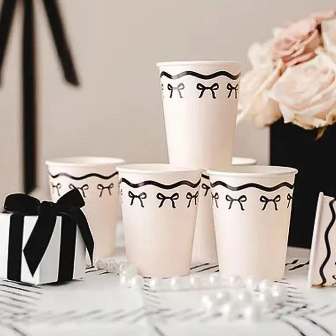 Cream & Black Bow Paper Cups - Elegant Coquette Birthday Tableware - Disposable Cups for Monochrome Wedding, Hen Party Or Brunch - Pack Of 6 - Jolie Fete UK