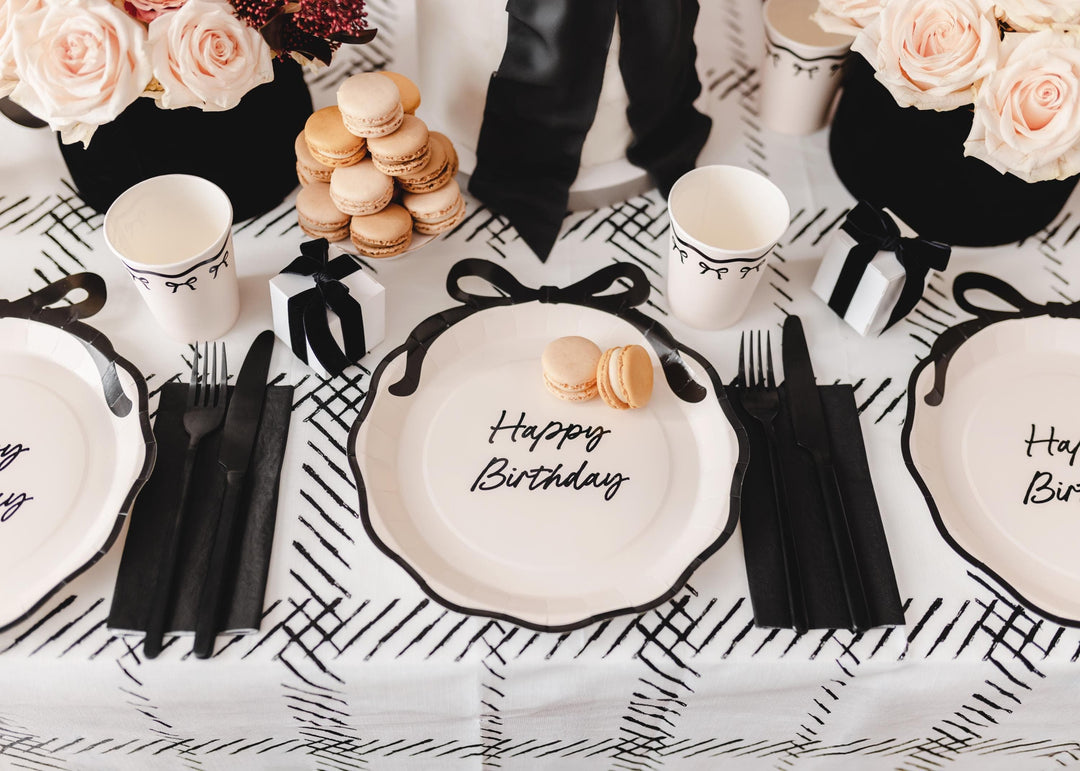 Cream & Black Bow Paper Plates - Coquette Happy Birthday Tableware - Disposable Plates for Monochrome Wedding, Hen Party Or Brunch-Pack Of 6 - Jolie Fete UK