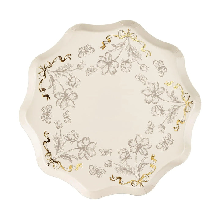 Cream Floral Paper Plates - Gold Foil Botanical Plates - Elegant Tea Party Tableware - Baby Shower - Bridal Brunch Decor - 20cm - Pack Of 6 - Jolie Fete UK
