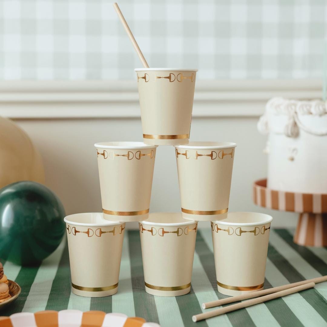 Cream & Gold Paper Cups - Horse Party Paper Cups - Birthday Party Decorations -Disposable Tableware-Western Party Theme-Farm Party-Pack Of 6 - Jolie Fete UK