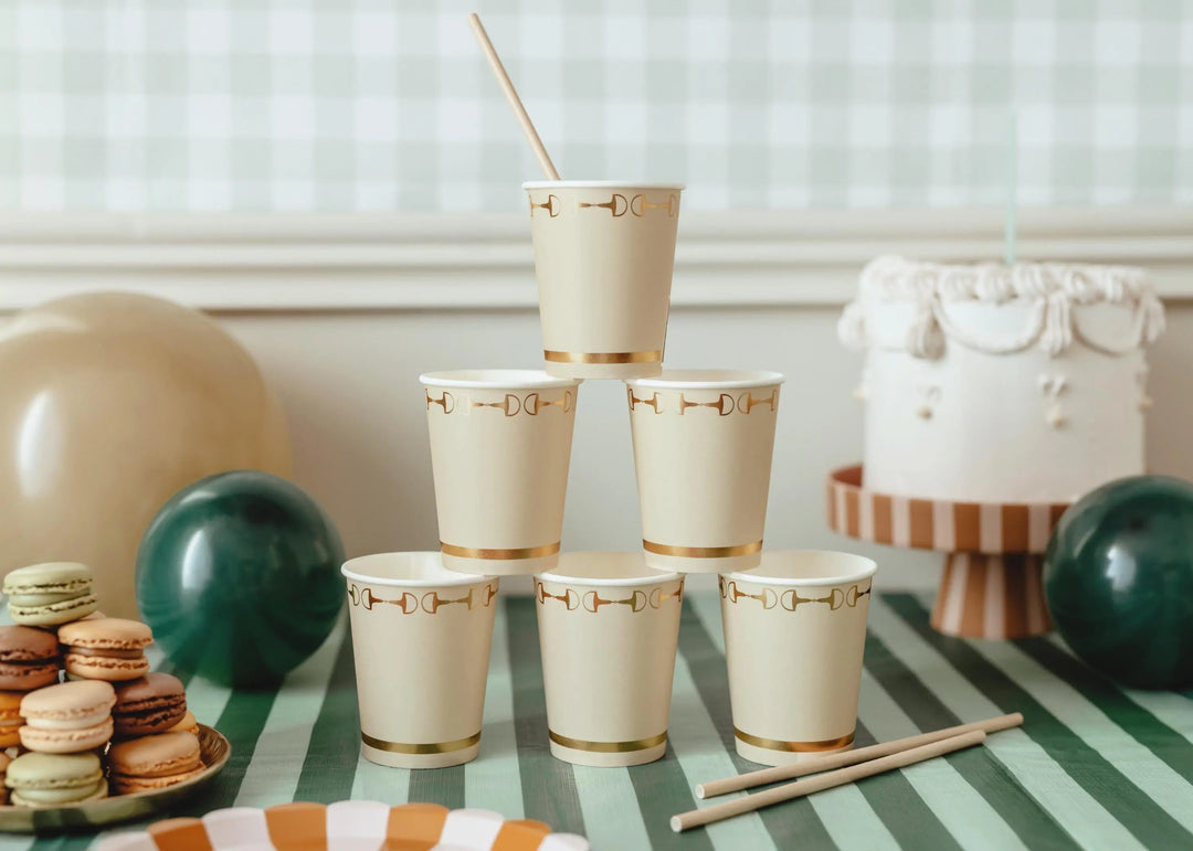 Cream & Gold Paper Cups - Horse Party Paper Cups - Birthday Party Decorations -Disposable Tableware-Western Party Theme-Farm Party-Pack Of 6 - Jolie Fete UK
