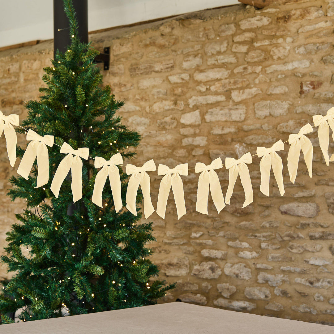 Cream Velvet Bow Garland - 2m Christmas Decoration - Festive Cream Bows for Wall, Door, Fireplace - Xmas Mantel Garland-Holiday Party Decor - Jolie Fete UK