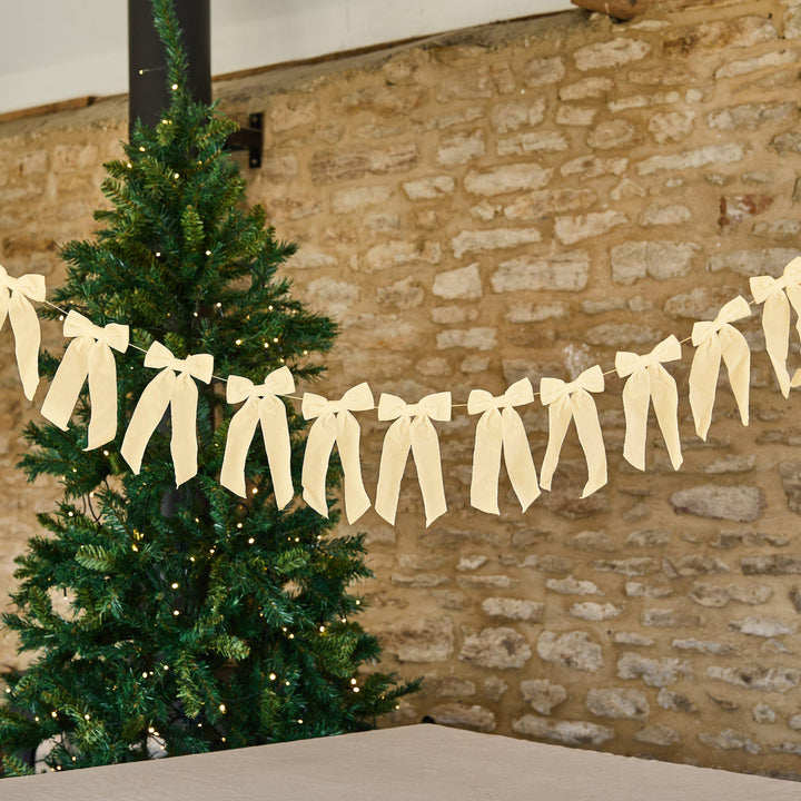Cream Velvet Bow Garland - 2m Christmas Decoration - Festive Cream Bows for Wall, Door, Fireplace - Xmas Mantel Garland-Holiday Party Decor - Jolie Fete UK