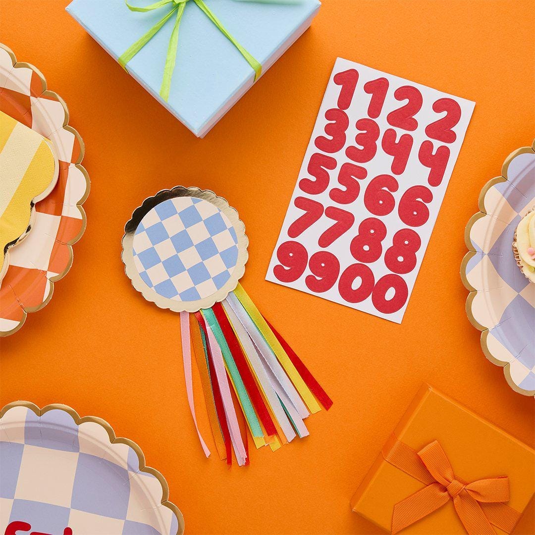 Customisable Birthday Badge - Personalised Age Rosette - Kids Birthday Party Accessory - Custom Number Sticker Badge - Colourful Ribbon Pin - Jolie Fete UK