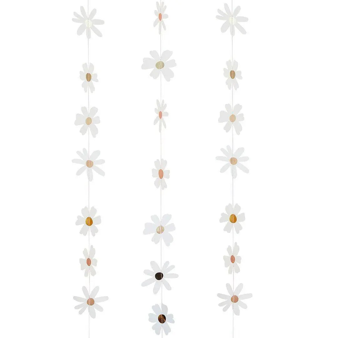 Daisy Hanging Garland Decoration - 5m Floral Backdrop - White And Gold Ditsy Daisy Bunting - Hen Party, Baby Shower & Garden Birthday Decor - Jolie Fete UK