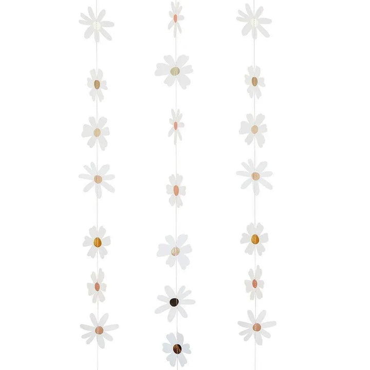 Daisy Hanging Garland Decoration - 5m Floral Backdrop - White And Gold Ditsy Daisy Bunting - Hen Party, Baby Shower & Garden Birthday Decor - Jolie Fete UK