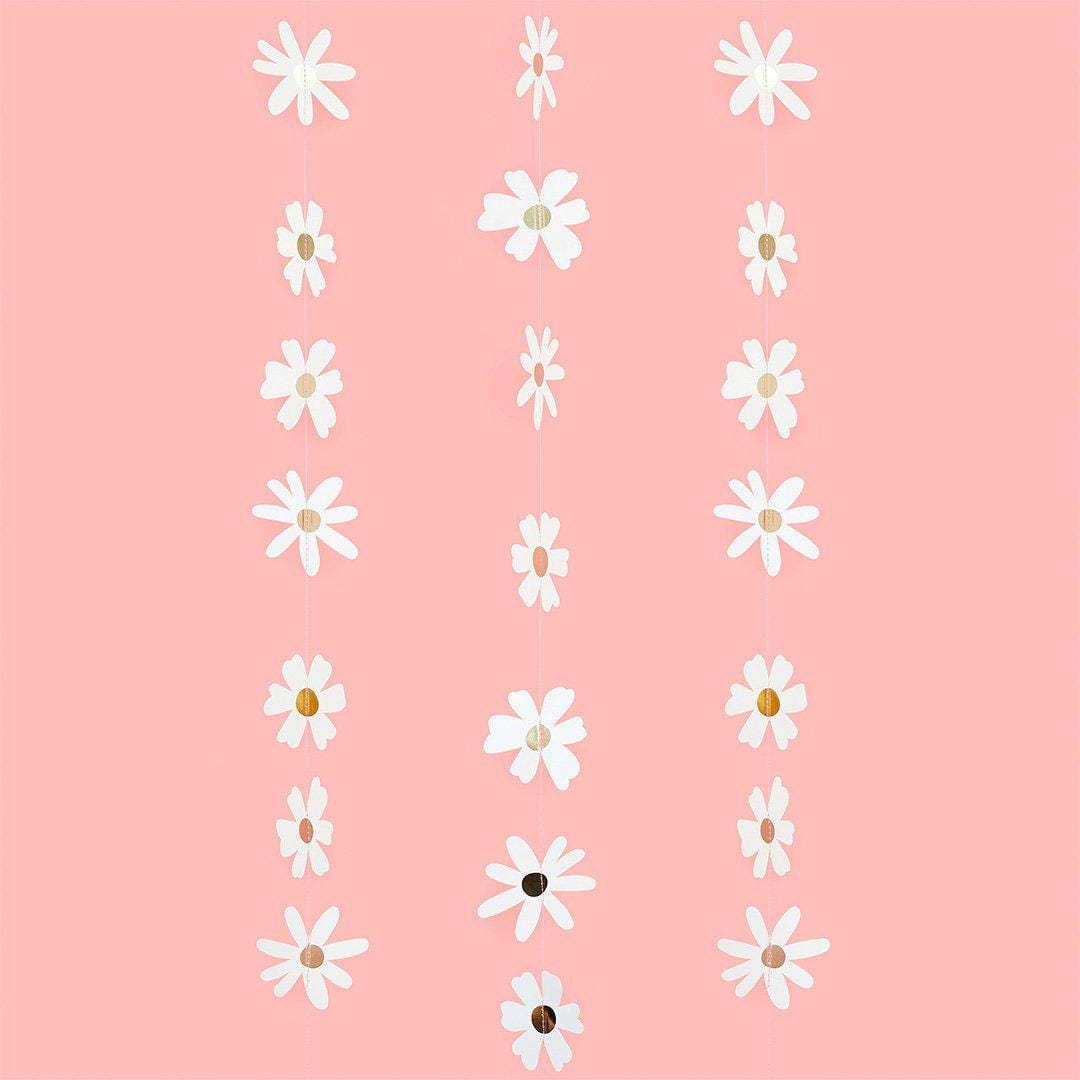 Daisy Hanging Garland Decoration - 5m Floral Backdrop - White And Gold Ditsy Daisy Bunting - Hen Party, Baby Shower & Garden Birthday Decor - Jolie Fete UK