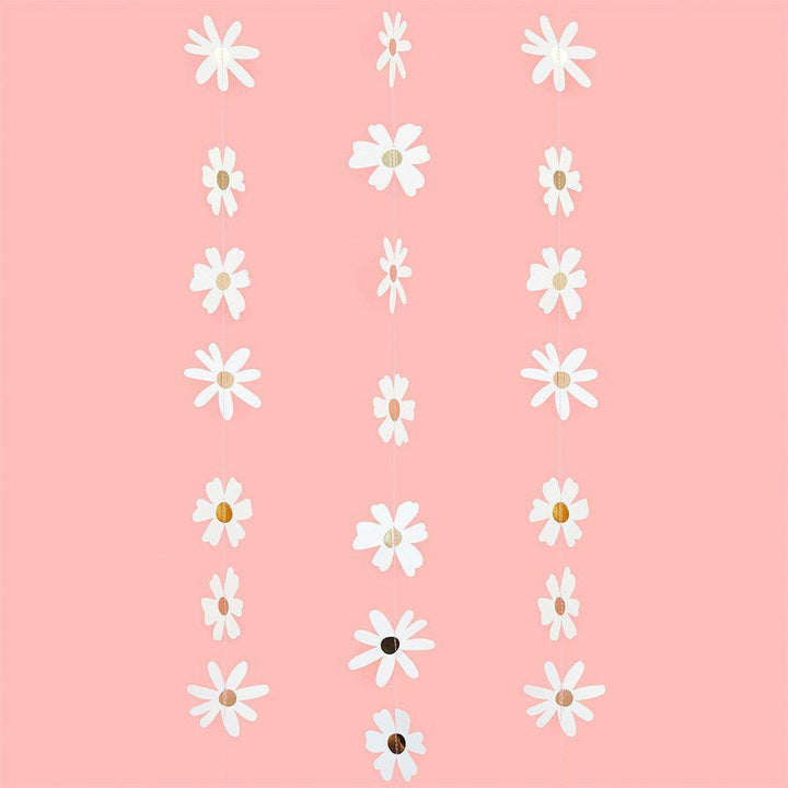 Daisy Hanging Garland Decoration - 5m Floral Backdrop - White And Gold Ditsy Daisy Bunting - Hen Party, Baby Shower & Garden Birthday Decor - Jolie Fete UK