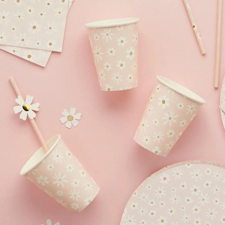 Daisy Paper Cups - Ditsy Floral Summer Birthday Party Tableware - Hen Party & Baby Shower Tea Party Decorations - Cottagecore - Pack of 8 - Jolie Fete UK