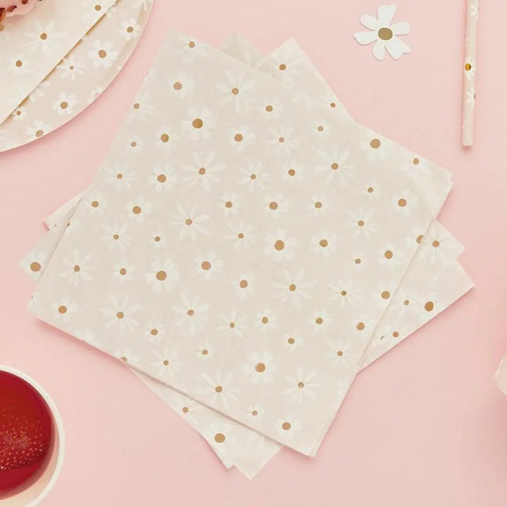 Daisy Paper Napkins - Ditsy Floral Summer Birthday Party Tableware - Hen Party & Baby Shower Tea Party Decorations - Cottagecore -Pack of 16 - Jolie Fete UK