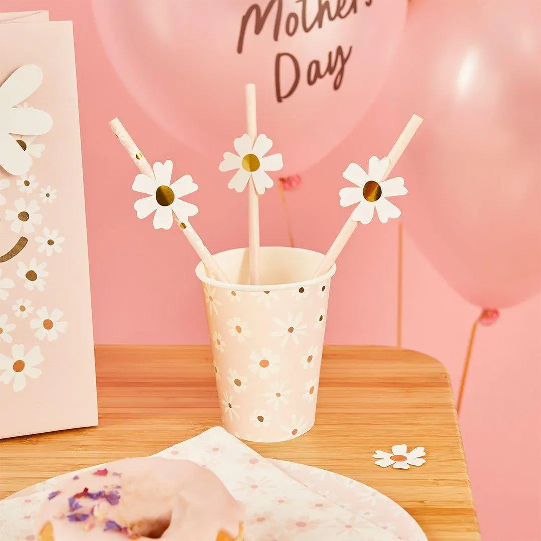 Daisy Paper Straws - Ditsy Floral Summer Birthday Party Tableware - Hen Party & Baby Shower Tea Party Decorations - Cottagecore - Pack of 16 - Jolie Fete UK