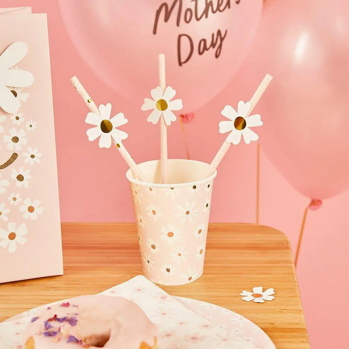 Daisy Paper Straws - Ditsy Floral Summer Birthday Party Tableware - Hen Party & Baby Shower Tea Party Decorations - Cottagecore - Pack of 16 - Jolie Fete UK