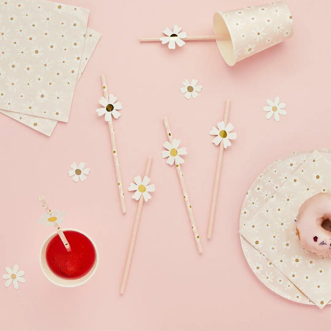 Daisy Paper Straws - Ditsy Floral Summer Birthday Party Tableware - Hen Party & Baby Shower Tea Party Decorations - Cottagecore - Pack of 16 - Jolie Fete UK