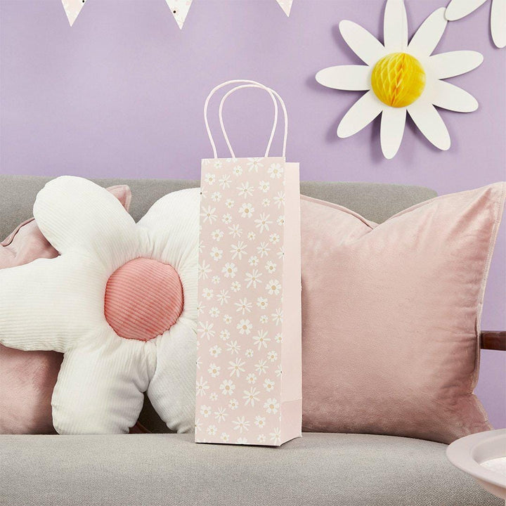 Daisy Pink Bottle Gift Bag - Ditsy Floral Wine & Prosecco Bag - Hen Party, Baby Shower And Birthday Gifting - Single Luxury Paper Bag - Jolie Fete UK
