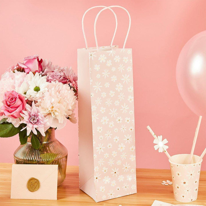 Daisy Pink Bottle Gift Bag - Ditsy Floral Wine & Prosecco Bag - Hen Party, Baby Shower And Birthday Gifting - Single Luxury Paper Bag - Jolie Fete UK