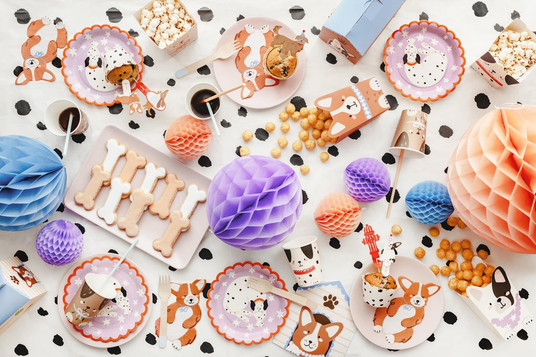 Dalmatian Paper Plates - Scalloped 18cm Dessert Plates - Sleepy Puppy Birthday Tableware - Pink & Orange Starry Dog Party Decor - Pack Of 6 - Jolie Fete UK