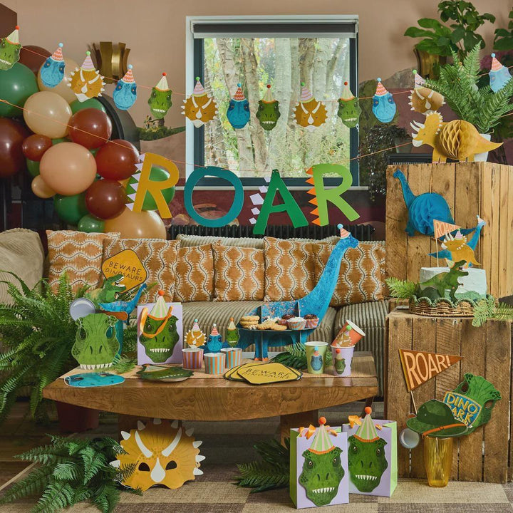 Dinosaur Cake Topper Set - Dinosaur Cake Decorations - T-Rex & Triceratops Toppers with 3D Pom Poms -Roar Birthday Cake Decoration-Pack Of 4 - Jolie Fete UK
