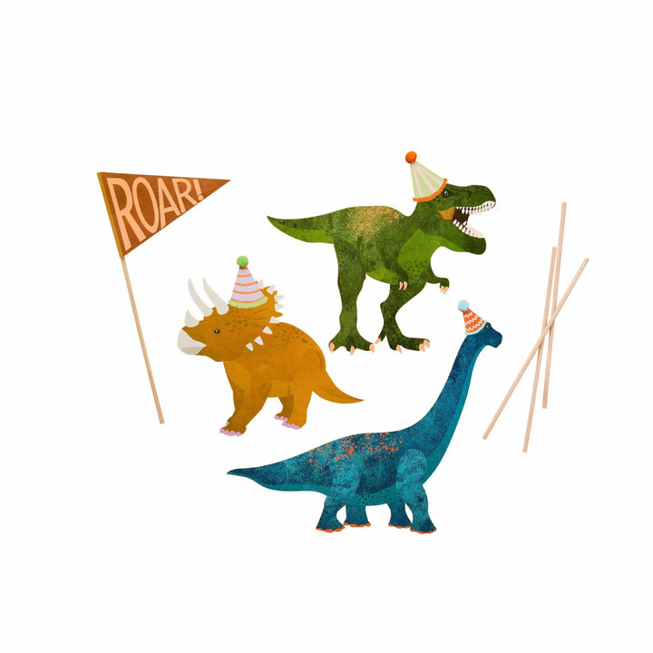 Dinosaur Cake Topper Set - Dinosaur Cake Decorations - T-Rex & Triceratops Toppers with 3D Pom Poms -Roar Birthday Cake Decoration-Pack Of 4 - Jolie Fete UK