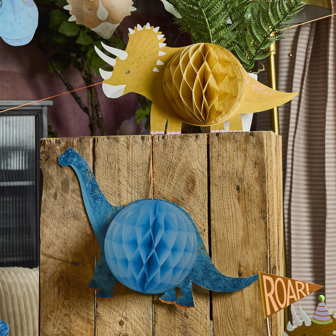 Dinosaur Honeycombs - Dinosaur Party - Dino Birthday Decor - Blue Brachiosaurus & Yellow Triceratops - Kids Birthday Supplies - Pack Of 2 - Jolie Fete UK