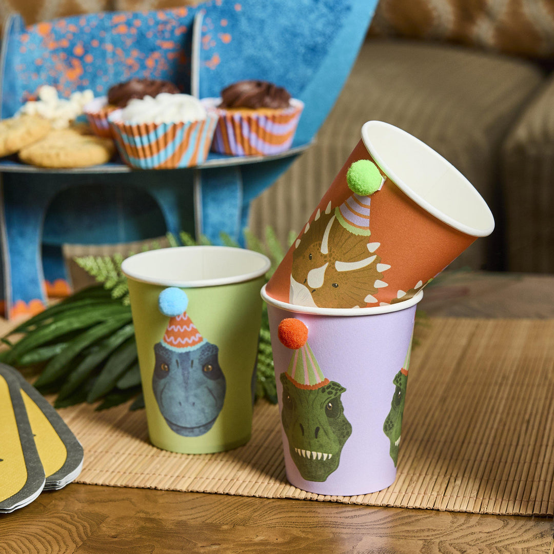 Dinosaur Cups - Dinosaur Paper Party Cups - Roarsome Dino Birthday - T Rex & Triceratops Cups - Kids Birthday Party Tableware - Pack Of 6 - Jolie Fete UK