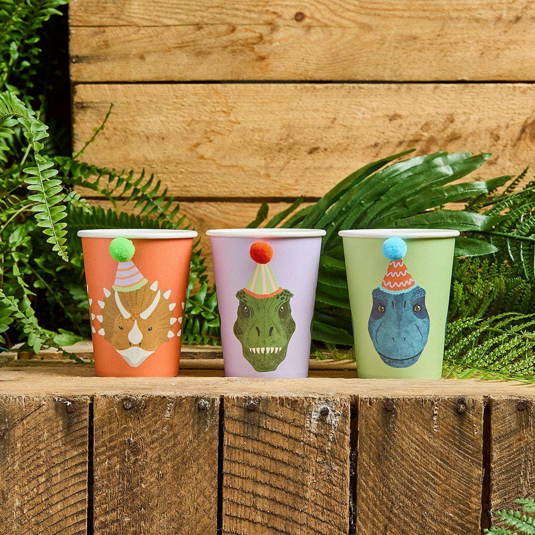 Dinosaur Cups - Dinosaur Paper Party Cups - Roarsome Dino Birthday - T Rex & Triceratops Cups - Kids Birthday Party Tableware - Pack Of 6 - Jolie Fete UK