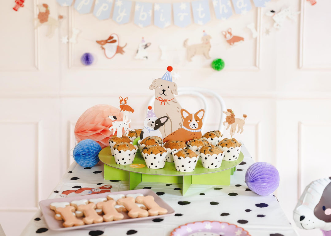 Dog Party Cake Stand & Cupcake Wrappers - 3D Puppy Treat Display With Corgi And Bulldog -Animal Themed Birthday Centrepiece-Kids Celebration - Jolie Fete UK