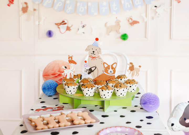 Dog Party Cake Stand & Cupcake Wrappers - 3D Puppy Treat Display With Corgi And Bulldog -Animal Themed Birthday Centrepiece-Kids Celebration - Jolie Fete UK