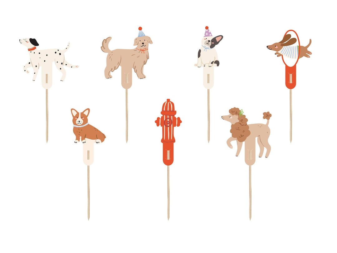 Dog Party Cupcake Toppers - Assorted Puppy Cake Decorations - Poodle, Corgi & Dalmatian Toppers - Pet Lover Birthday Supplies - Pack Of 7 - Jolie Fete UK