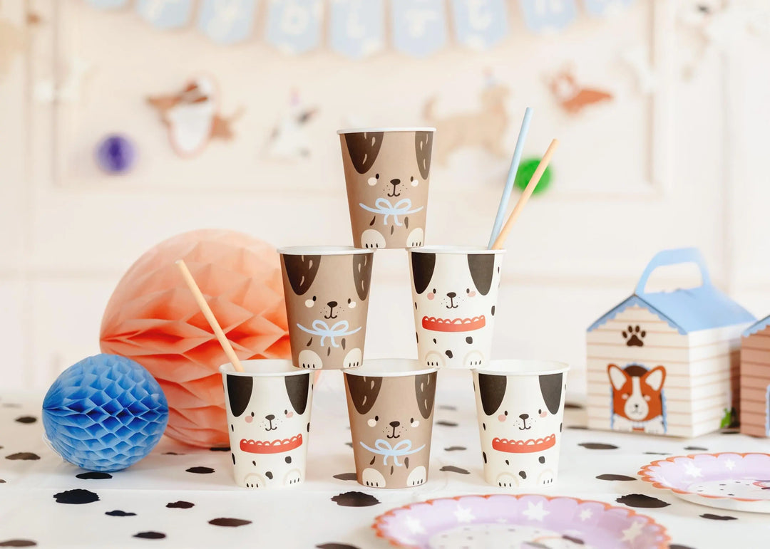 Dog Party Paper Cups - Puppy Birthday Tableware - Dalmatian & Brown Labrador Designs - Cute Pet Lover Celebration Drinkware - Pack Of 6 - Jolie Fete UK