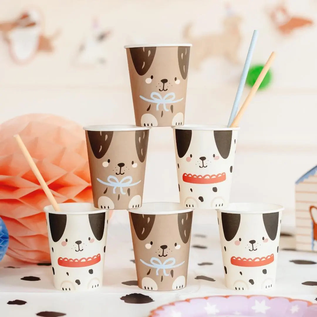 Dog Party Paper Cups - Puppy Birthday Tableware - Dalmatian & Brown Labrador Designs - Cute Pet Lover Celebration Drinkware - Pack Of 6 - Jolie Fete UK