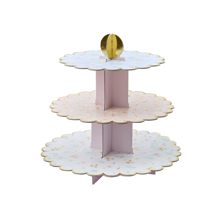Floral Cake Stand - 3 Tier Cardboard Cupcake Stand for Afternoon Tea - Vintage Tea Party Decorations - Hen Party, Baby Shower & Garden Party - Jolie Fete UK