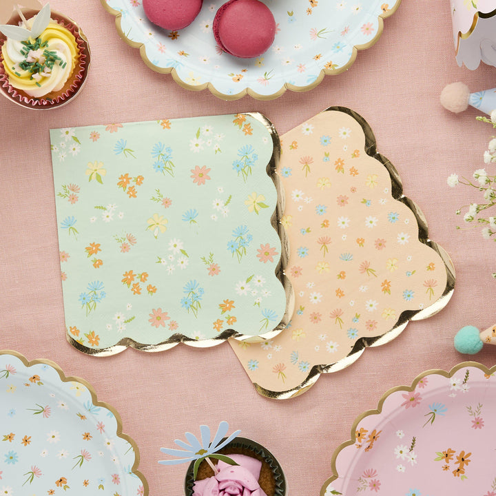 Floral Tea Party Napkins - 16 Pastel Scalloped Edge Paper Napkins With Gold Trim - Vintage Afternoon Tea Birthday Decor -Hen Party Tableware - Jolie Fete UK