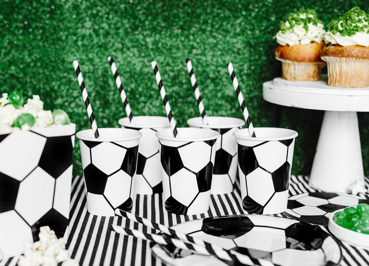 Football Paper Cups - Black & White Soccer Tableware - Sports Birthday Party Drinks - Sustainable Stadium Theme Decor - 260ml - Pack Of 6 - Jolie Fete UK