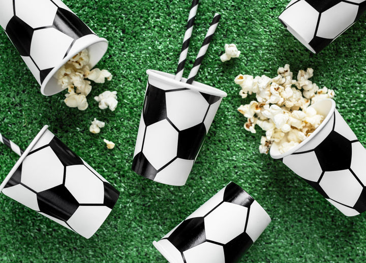 Football Paper Cups - Black & White Soccer Tableware - Sports Birthday Party Drinks - Sustainable Stadium Theme Decor - 260ml - Pack Of 6 - Jolie Fete UK