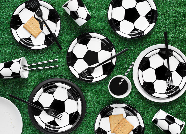 Football Paper Cups - Black & White Soccer Tableware - Sports Birthday Party Drinks - Sustainable Stadium Theme Decor - 260ml - Pack Of 6 - Jolie Fete UK