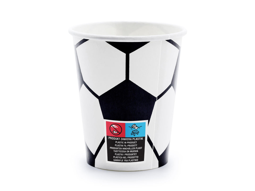 Football Paper Cups - Black & White Soccer Tableware - Sports Birthday Party Drinks - Sustainable Stadium Theme Decor - 260ml - Pack Of 6 - Jolie Fete UK