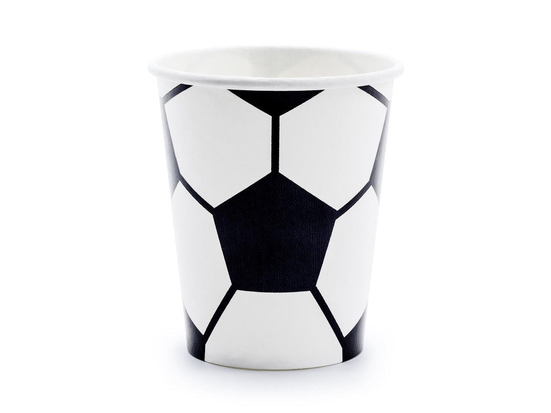 Football Paper Cups - Black & White Soccer Tableware - Sports Birthday Party Drinks - Sustainable Stadium Theme Decor - 260ml - Pack Of 6 - Jolie Fete UK