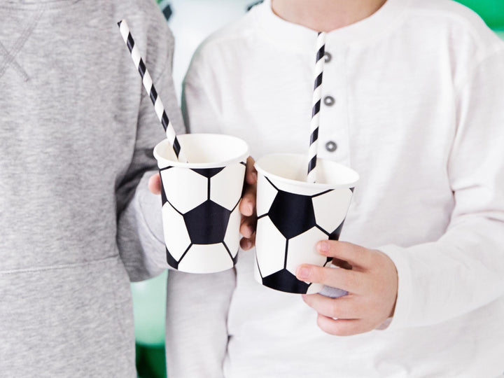 Football Paper Cups - Black & White Soccer Tableware - Sports Birthday Party Drinks - Sustainable Stadium Theme Decor - 260ml - Pack Of 6 - Jolie Fete UK