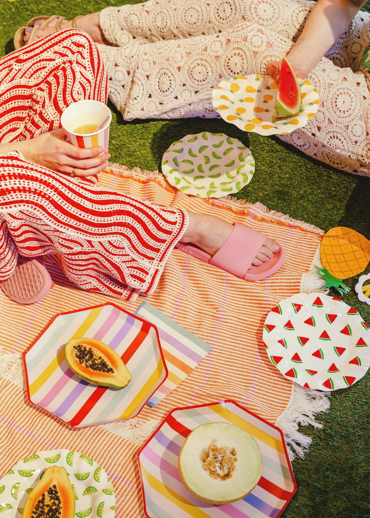 Fruit Paper Plates - Summer Party Tableware - Tropical Picnic Decor - 20.5cm Plates - Watermelon, Lime, Pineapple - BBQ Birthday - Pack Of 6 - Jolie Fete UK