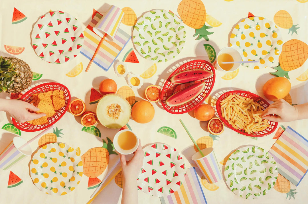 Fruit Print Tablecloth - Tropical Summer Party Decor - 180x120cm Table Cover - Hen Party Garden BBQ Supplies - Rainbow Fruit Theme - Jolie Fete UK