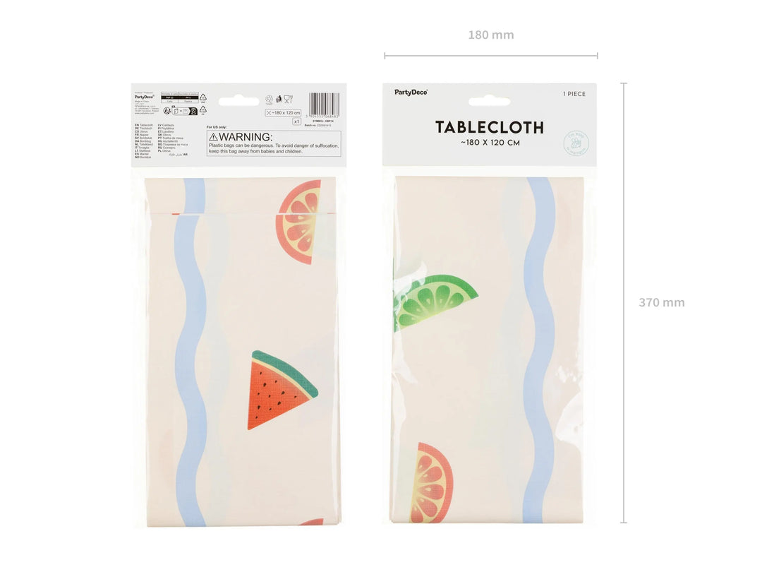 Fruit Print Tablecloth - Tropical Summer Party Decor - 180x120cm Table Cover - Hen Party Garden BBQ Supplies - Rainbow Fruit Theme - Jolie Fete UK