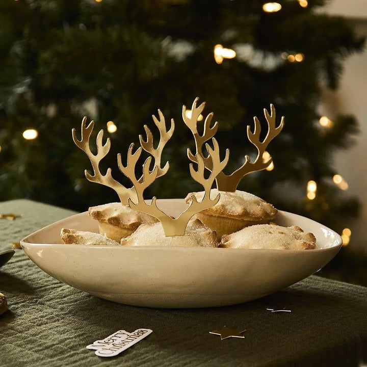 Gold Antler Cake Toppers - Gold Antler Christmas Food Picks - Gold Reindeer - Christmas Party Decorations - Holiday Decor - Pack Of 12 - Jolie Fete UK