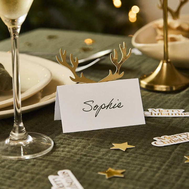 Gold Antler Place Cards - Gold & White Christmas Table Place Cards - Gold Reindeer - Christmas Party Decorations - Holiday Decor -Pack Of 10 - Jolie Fete UK