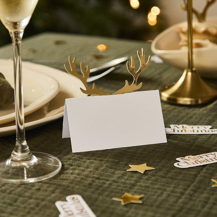 Gold Antler Place Cards - Gold & White Christmas Table Place Cards - Gold Reindeer - Christmas Party Decorations - Holiday Decor -Pack Of 10 - Jolie Fete UK